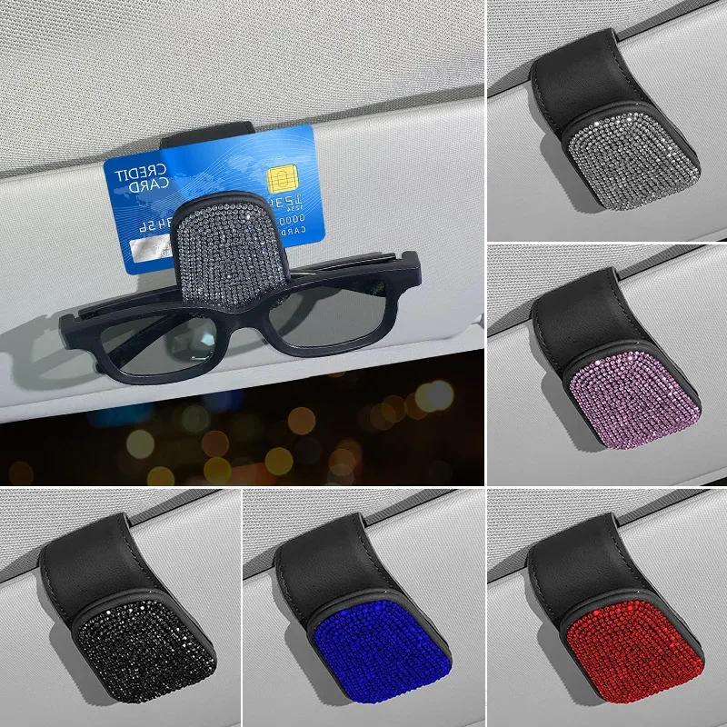 Bling Rhinestone Car Glasses Clip Leather Sun Visor Sunglasses Clip Multifunctional Card Storage Bill Car Accessories for Women