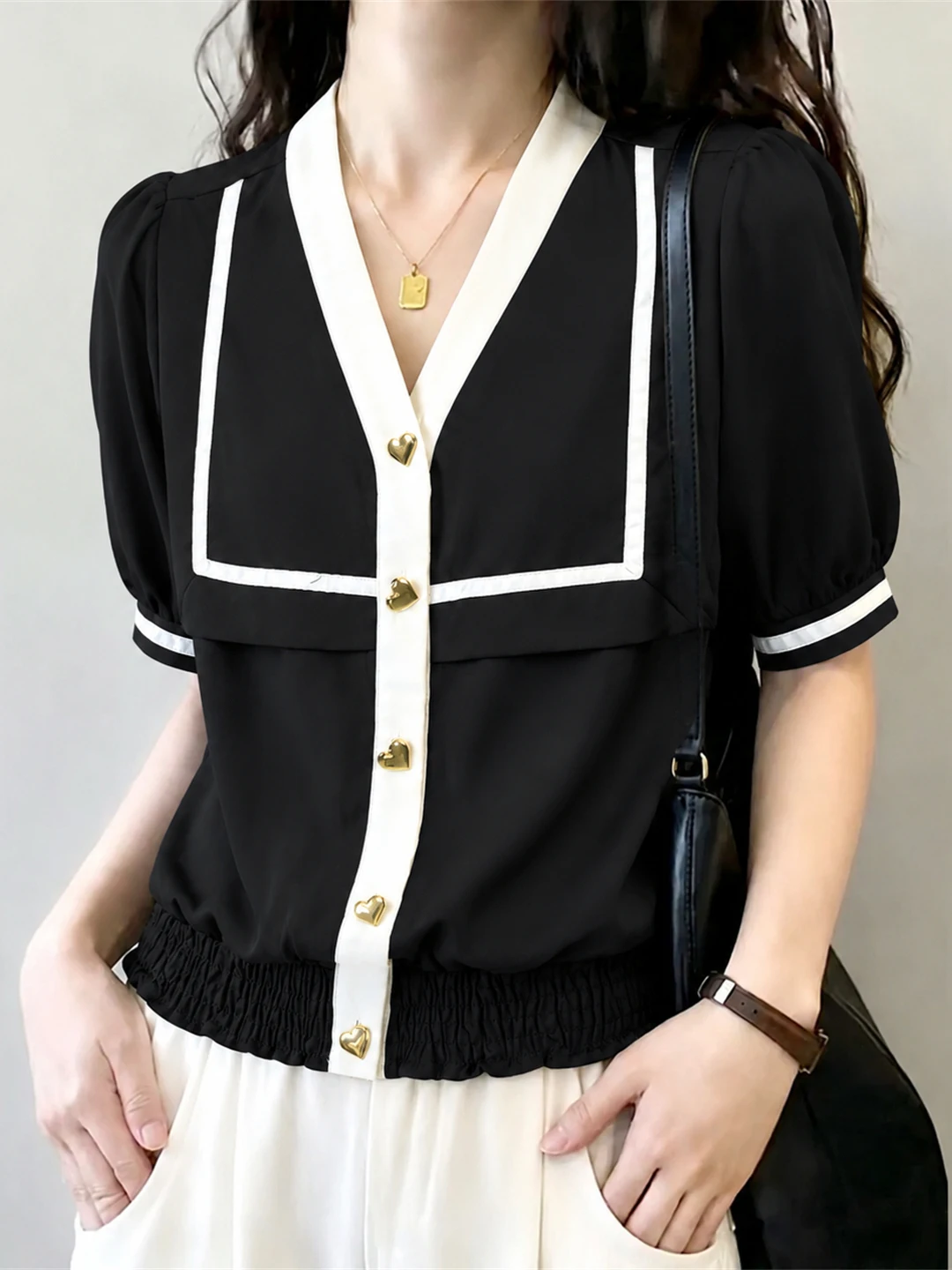 

Fashionable V-Neck Single Button Color Block Top Slimming Summer Casual Women's Shirt Trendy Korean Style Straight Cut Blouse