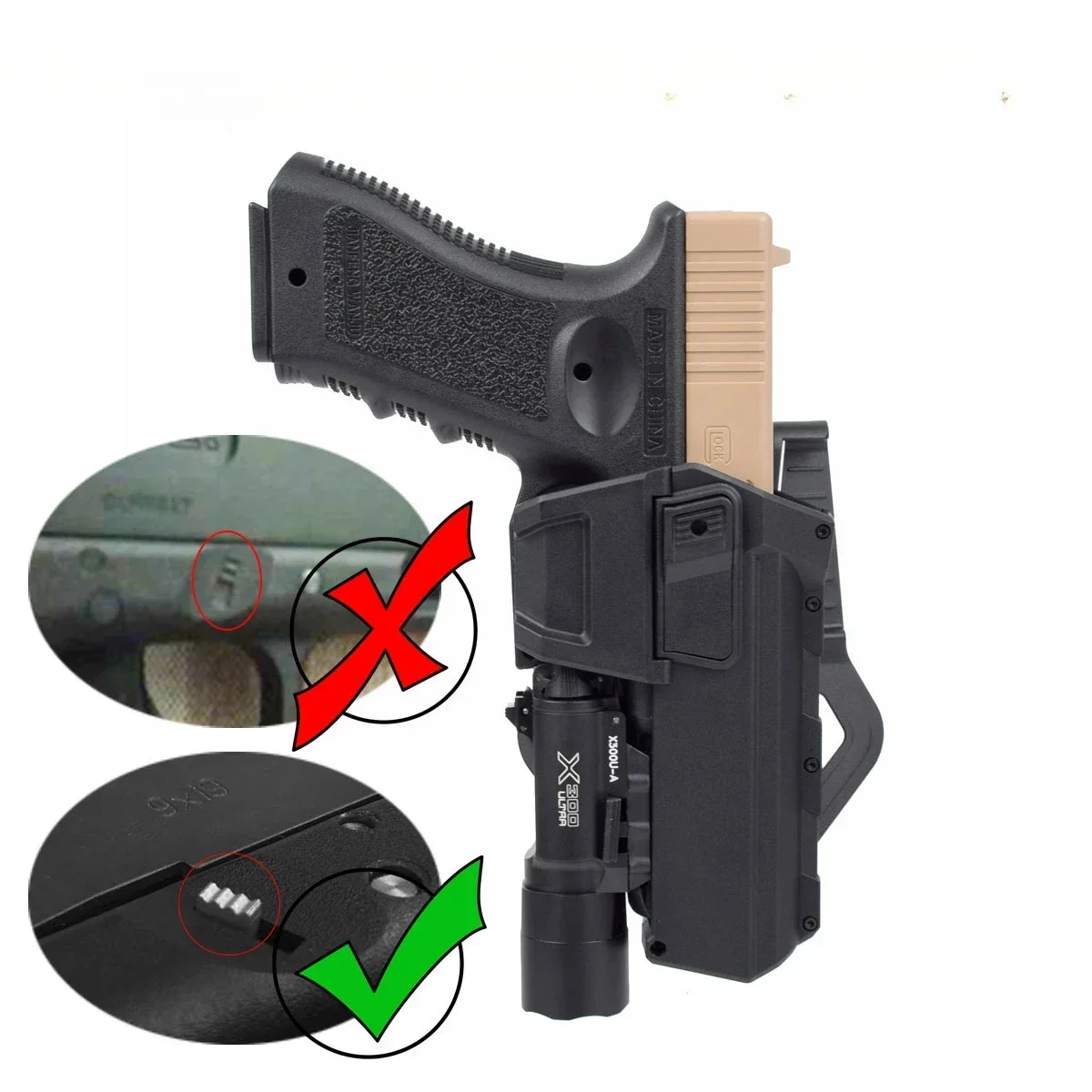 Tactical Right Hand Pistol Holster For Gen 1-4 Glock 17 19 With X300 Flashlight Airsoft Colt M1911 P320 Movable Belt Gun Case