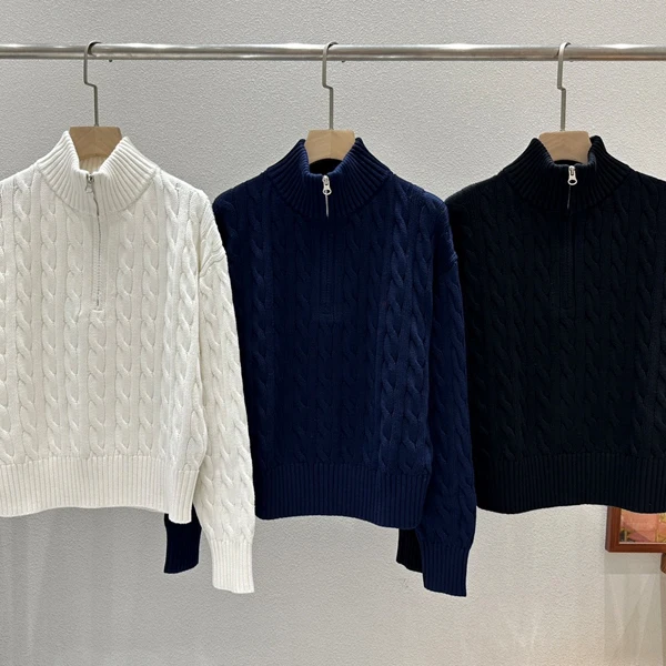 

Classic American Retro Knitted Wool Cotton Blend Women's Sweater with f Zipper Autumn Winter Faion Vintage Sle Embroid...