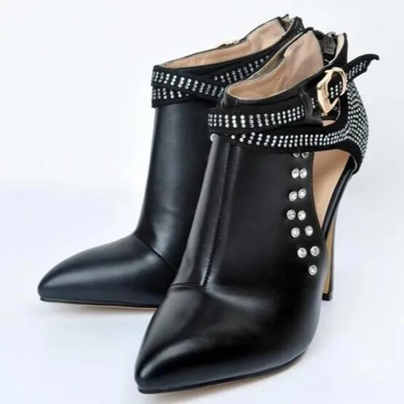 Big Size 10 Black Leather Pointed Toe Crystal Ankle Bootie High Heel Cut-out Gladiator Sandals Boots For Women Dress Shoes