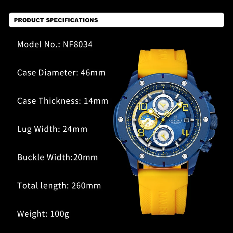 NAVIFORCE Trend Fashion Watches for Men Sport Waterproof Silicone Strap Man Chronograph Auto Date Display Male Quartz Wristwatch