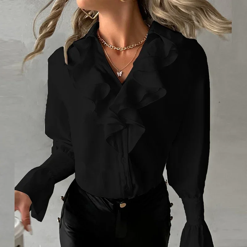 Elegant Ruffles Women\'s Blouse Fashion Petal Sleeve V Neck Long Sleeve White Shirt New Spring Autumn Office Ladies Shirts Tops