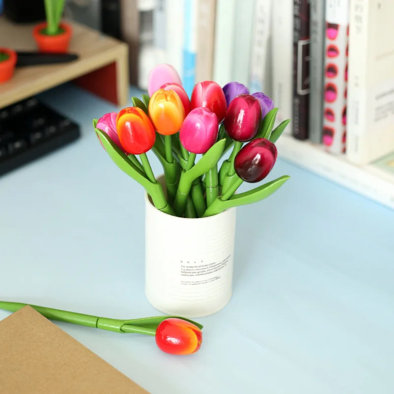 Cute Three-Dimensional Wooden Tulip Artificial Flower Promotional Stationery Desktop Black Ballpoint Pen Souvenir