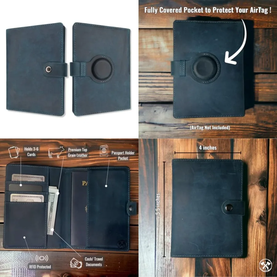 

Genuine Leather AirTag and Moto Tag Passport Holder and Wallet for Men and Women RFID Blocking for Secure Traveling and Documen