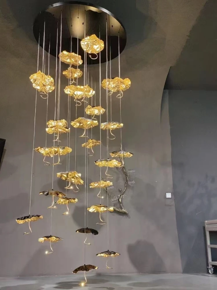 

Nordic Chain Rectangle Shape Chandelier Gold Brass Lotus Pendant Lamp Luster Ceiling Light Dimmable for Restaurant Staircase