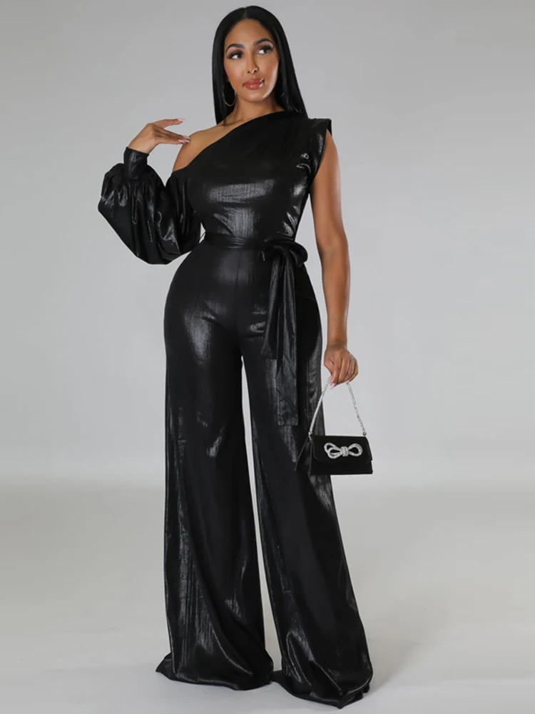 2024 New Luxury Wide Leg Pants Sexy Black Women\'s Loose Shoulder Sleeves High Waist Jumpsuit Fashion Club Evening Dress Clothing