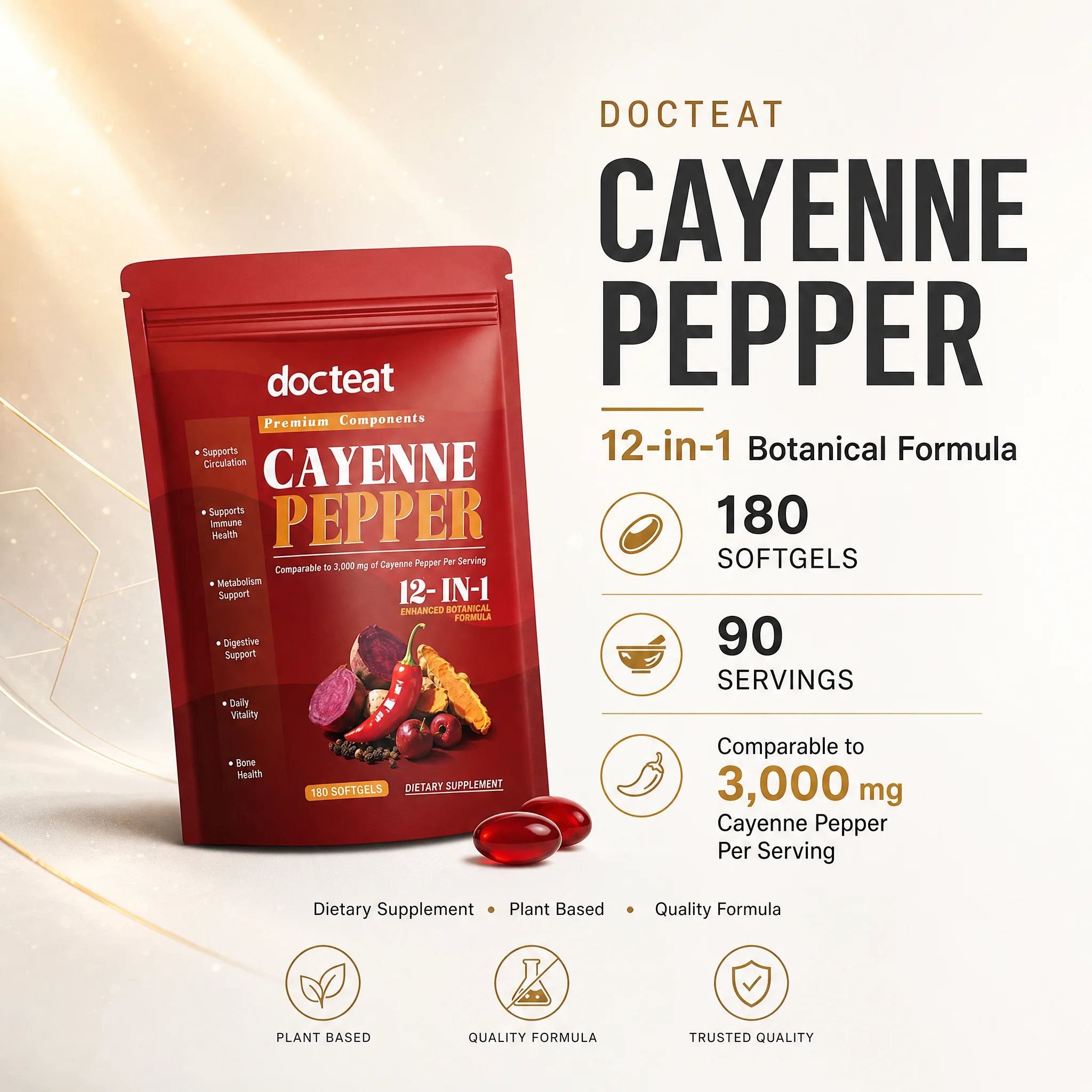 

Docteat Cayenne Pepper Softgels 12-in-1 Formula with Berberine, Beetroot Extract, Curcumin, Vitamin E, 180 CT Daily Vitality