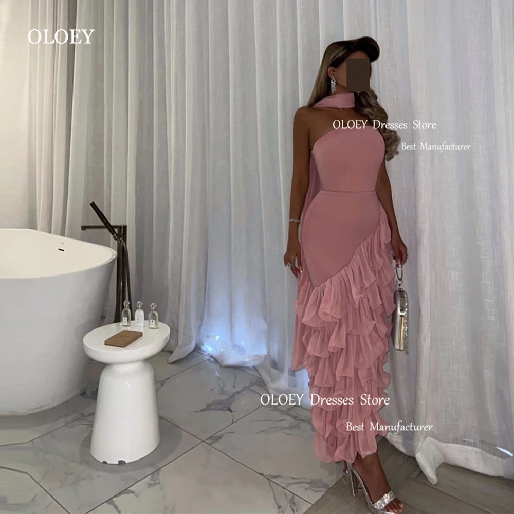 

OLOEY Elegant Blush Pink Mermaid Prom Dresses Saudi Arabic Strapless Ruffles Organza Ankle Length Evening Gowns Formal Party