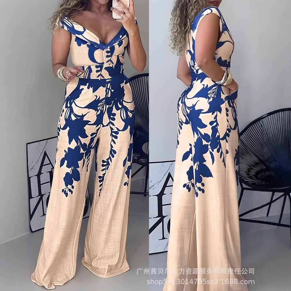 

Print Jumpsuits Women Romper Off Shoulder Deep V Neck Sleeveless Empire Waist Full Length Wide Leg Pant Loose Casual 2025 Summer
