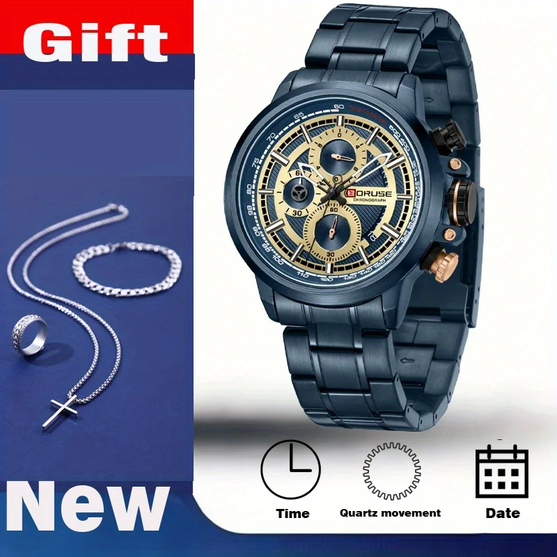 

4 шт./компл., роскошные часы BORUSE и наборы ожерелья с крестом, мужские кварцевые часы из нержавеющей стали, повседневные часы с датой для мужчин, наручные часы
