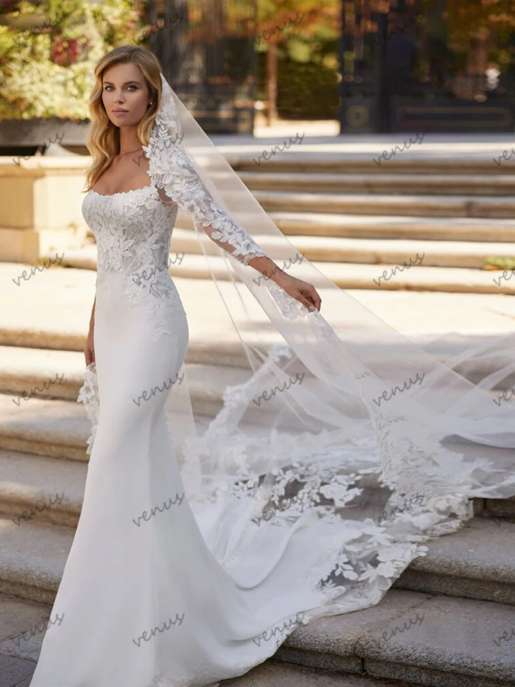 Graceful Wedding Dresses Satin Bridal Gowns Lace Appliques Sweep Train Robes Full Sleeves Robes Vestidos De Novia Customized