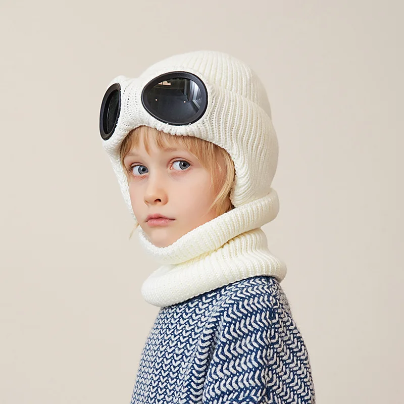 Conjunto de gorro y bufanda de punto para niño y niña, gorro con gafas de protección para las orejas, gorro de invierno, 4-10 años