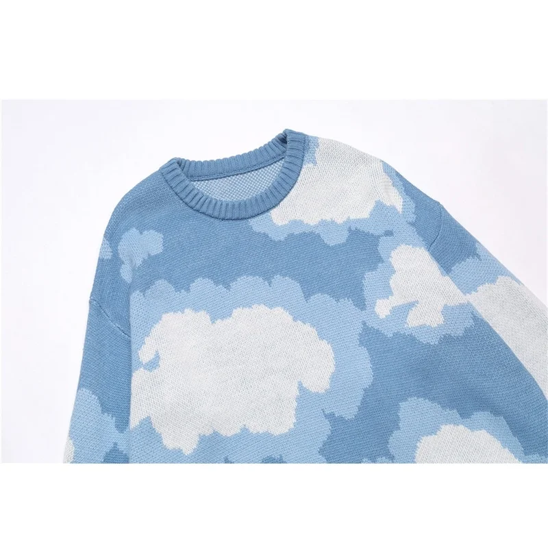 Color Cloud Blocking Jacquard Knitted Sweater Men's Ins Streetwear Fashion Loose Round Neck Irregular Damaged Cuff Kint Top