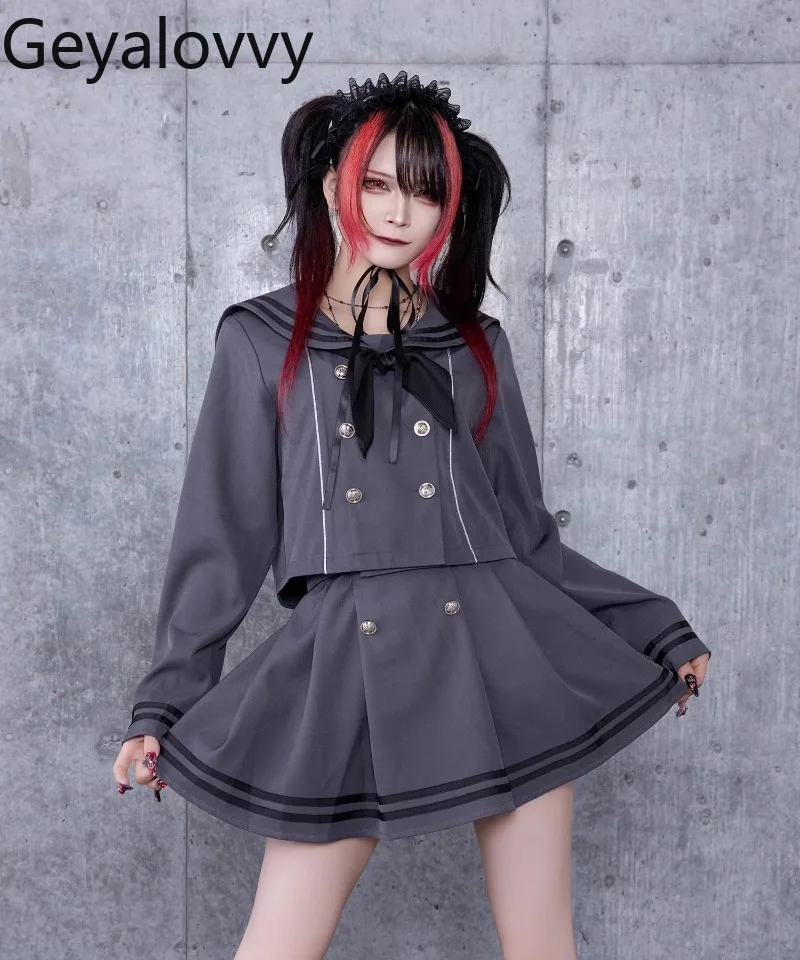 

Japanese Mine Navy Collar Sailor Uniform Suit Long-sleeved Double-breasted Bow Tie Top and High-waisted Skirt Two-piece Set