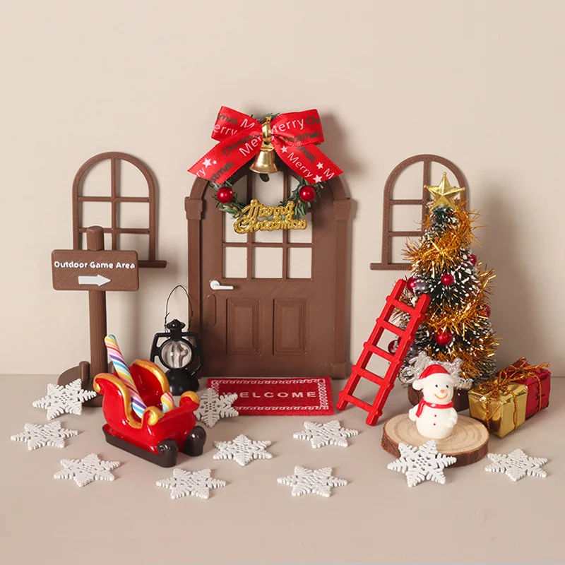 1set Mini Christmas Fairy Tale Doorway Decoration Set Snowman Sled Christmas Tree Model Miniature Dollhouse Accessories Desktop