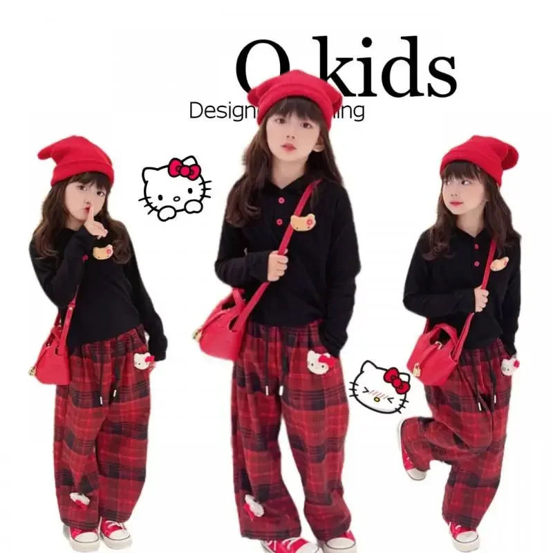 Anime Sanrioed Hellokittys Girl Fashion Autumn Cotton Suit Hooded Tops Sweatshirt Sweatpants Two-Piece Y2K Jacket Kids Clothing