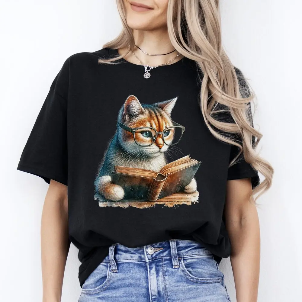 Cat reading book T-Shirt Reader book worm reading teacher Unisex tee Black Navy High Quality 100%Cotton Short Sleeve