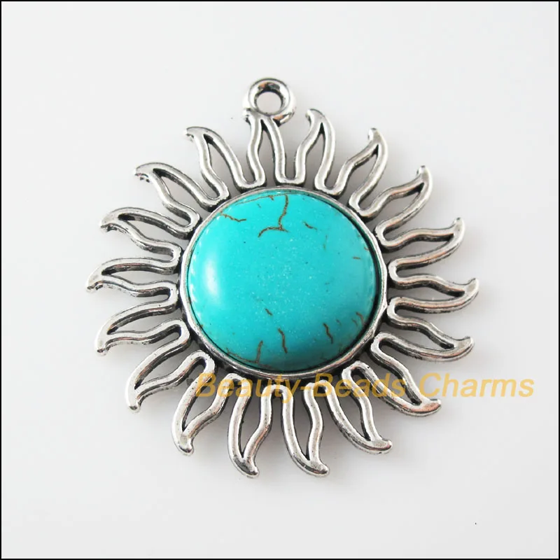 3Pc Retro Tibetan Silver Sun Flower Charms Pendants 42.5x46mm