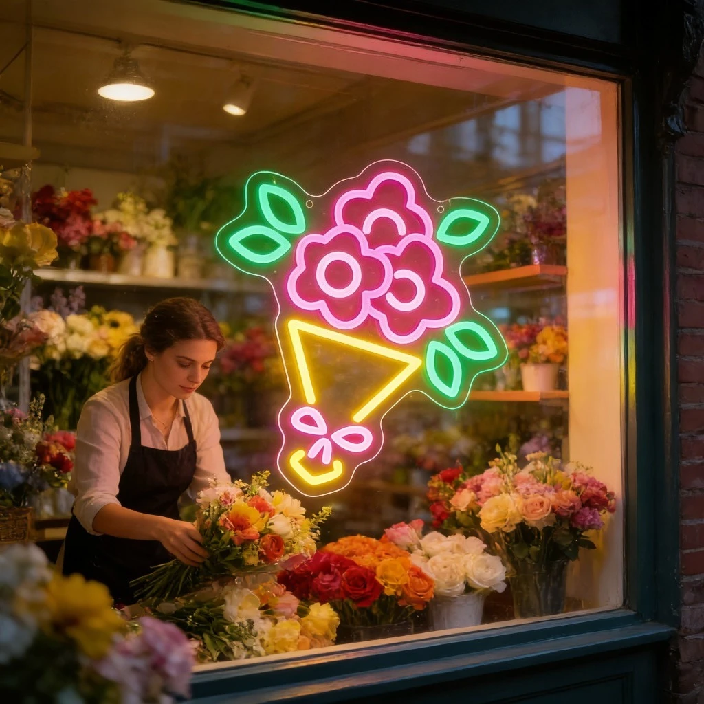 Flower Bouquet Neon Sign LED Light for Bedroom Living Room Decor USB Rechargeable Night Light Wall Art Gift for Valentine's Day