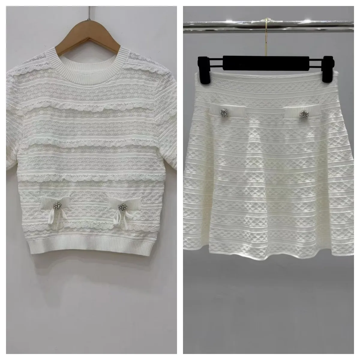 

Women's White Knitted Suit With Ruffled Bow Round Neck Short Sleeve Top + Mini Skirt 2026 Spring New