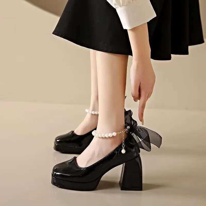 Fashion High Heels Pearls Strap Platform Pumps Women Shoes White Mary Janes Girls Thick Heeled Party Wedding Shoes Large Size 42