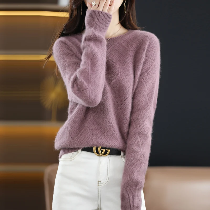 100% mink cashmere sweater Women\'s knitting sweater O-neck long sleeve pullover Autumn and winter clothing warm top