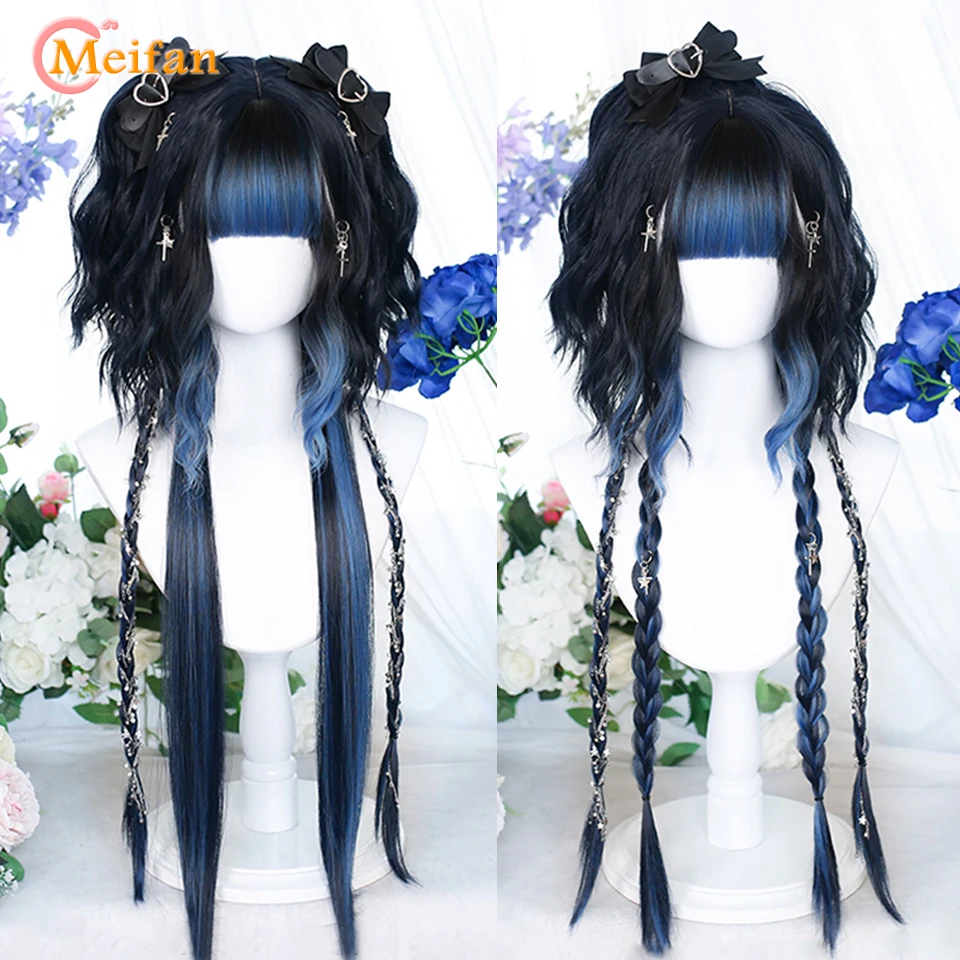 MEIFAN Synthetic Long Wave Curly Lolita Wig with Bangs Wig Girl Cute Ombre Pink Blue Green Cosplay Party Halloween Christmas Wig