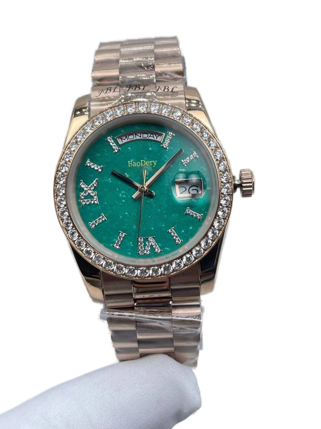 Relógio feminino com janela de calendário, mostrador verde, cronometragem elegante, 36mm