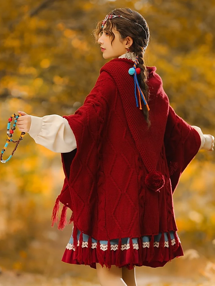 

Lolita Style Sweet Cardigan Coat Women Clothes Short Sleeve Loose Red Sueter Mujer Hooded Chic Tassel Knitted Oversized Cardigan