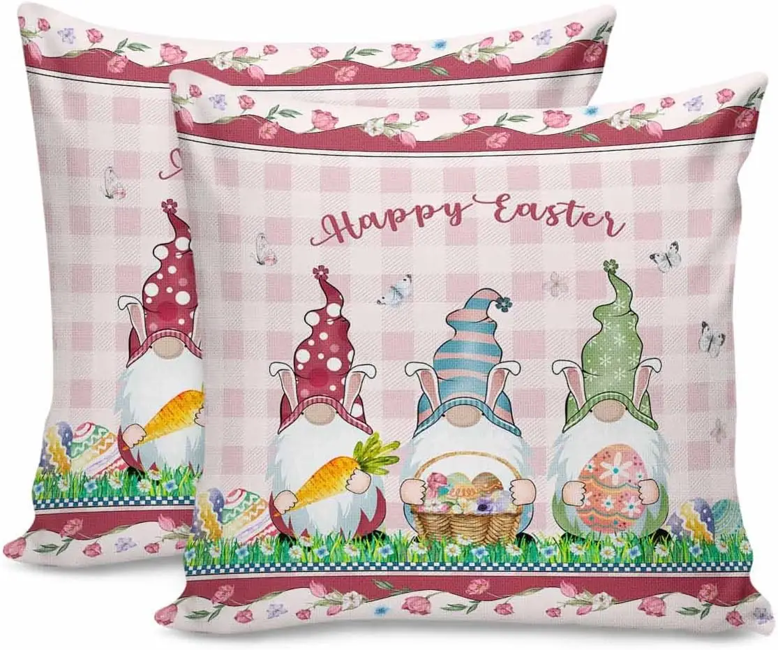 2 Packs Happy Easter Gnomes Cotton Throw Pillow Covers, Easter Eggs Bunny Pink Pillowcases 18X18 Inch Square Soft Pink White