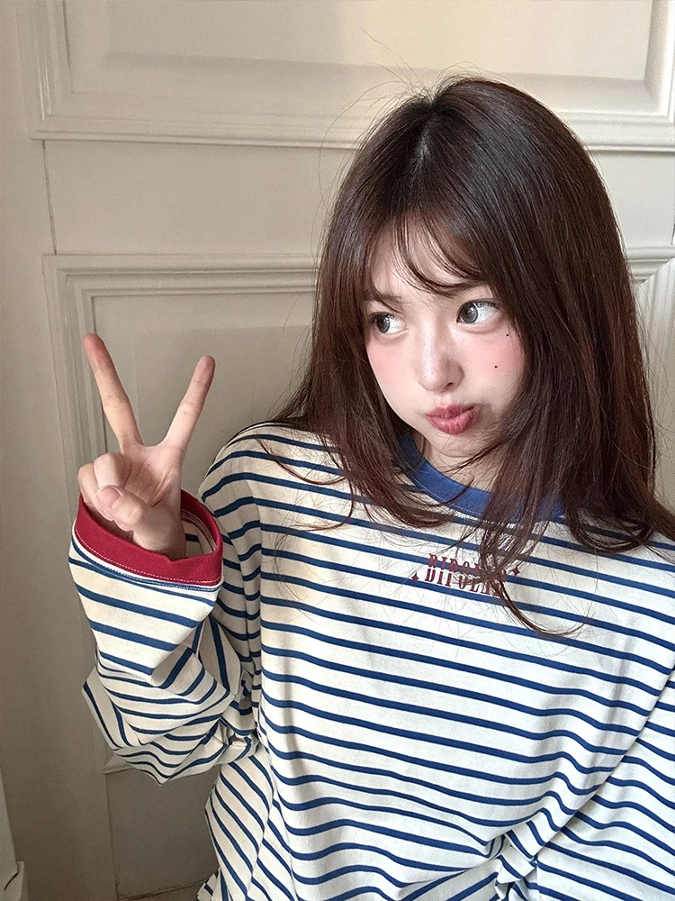 

American Sle Retro Striped Color Blo Long Sve T-irt Women's Basic Casual Base irt Top for Autumn Commute