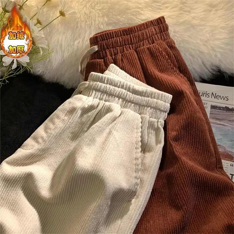 Oversized Casual Korean Patchwork Elastic Waist Wide Leg Pants Autumn Winter Fleece Women Clothing Plaid High Waist Trousers