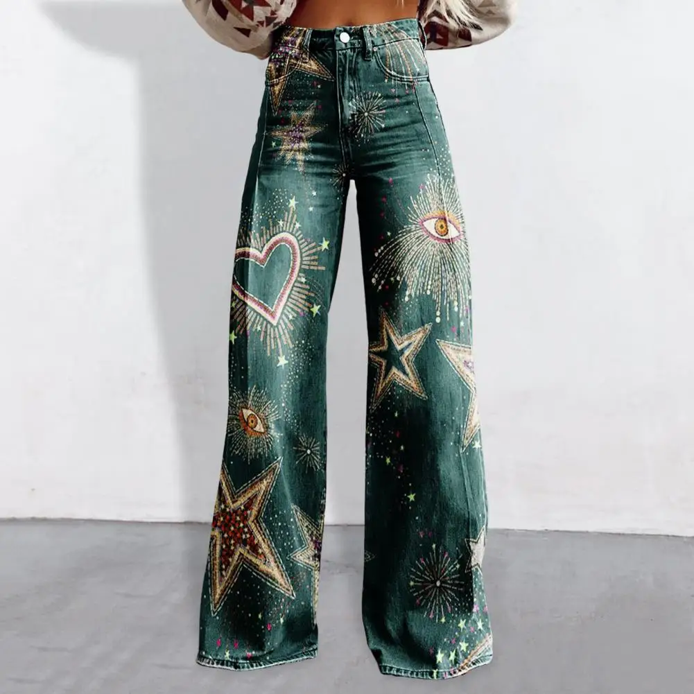 

Women Wide-leg Casual Pants Stylish Women's Denim Pants with Digital Flower Print Wide Leg Functional Pockets for Fashionable