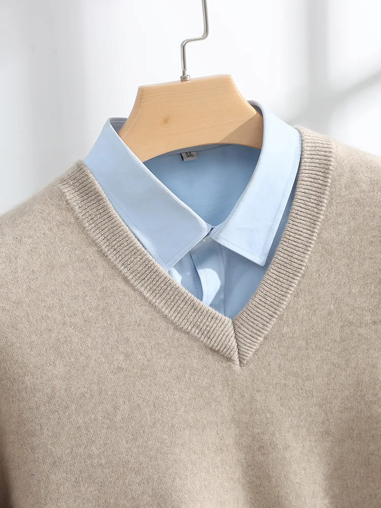

Свитер из 100% чистого кашемира, мужской пуловер с v-образным вырезом, длинными рукавами и однотонными цветами, простой и универсальный.