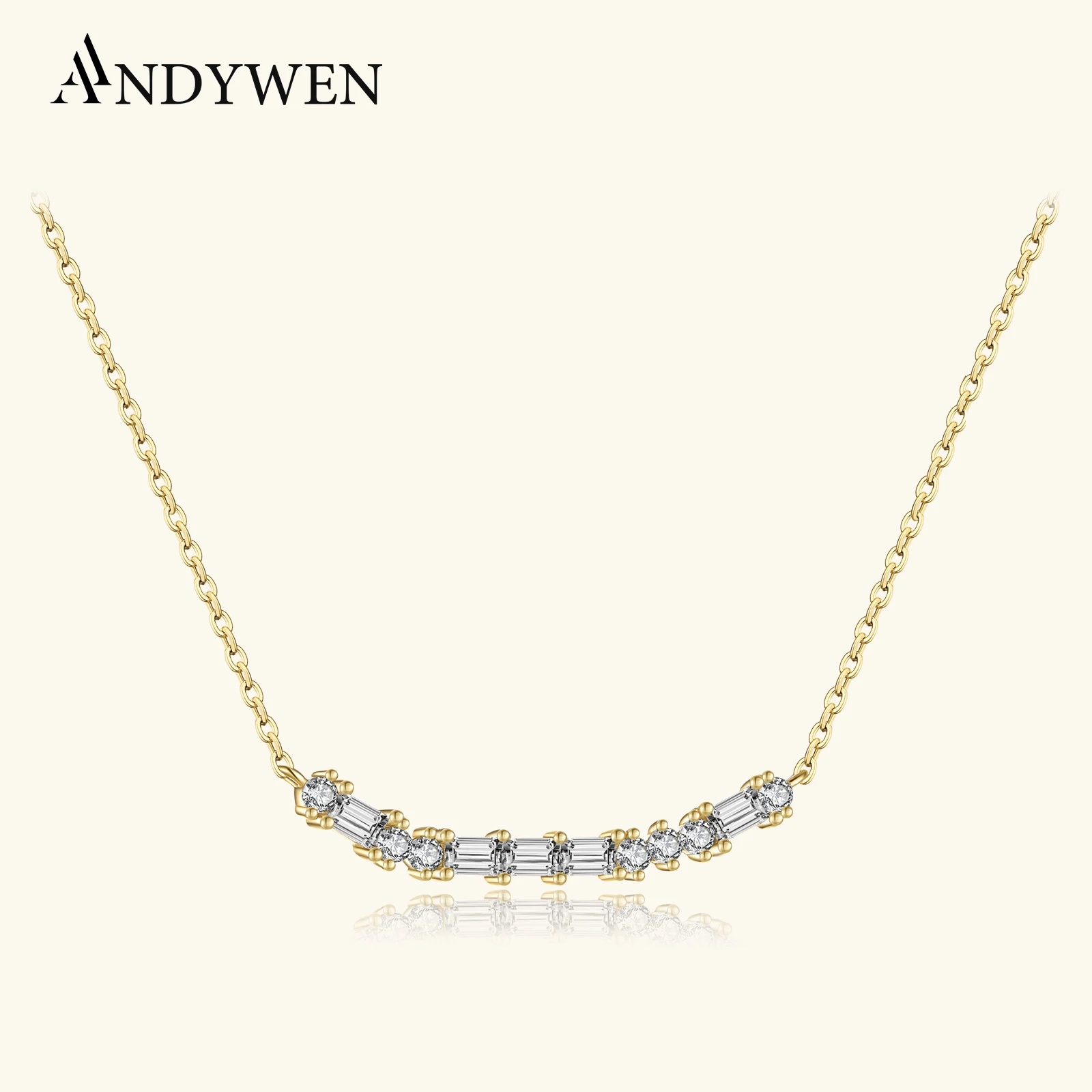 ANDYWEN New 100% 925 Sterling Silver Moon Zircon CZ Square Line Pendant Long Chain Necklace 2022 Spring New Choker Women Fashion