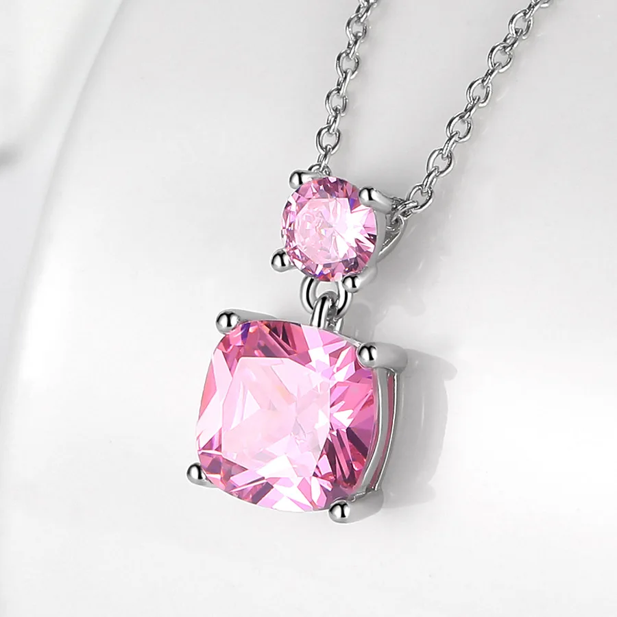 

Buyee 925 Sterling Silver Female Stone Pendant Chain Pink White Crystal Necklace for Women Fashion Wedding Fine Jewelry Chain