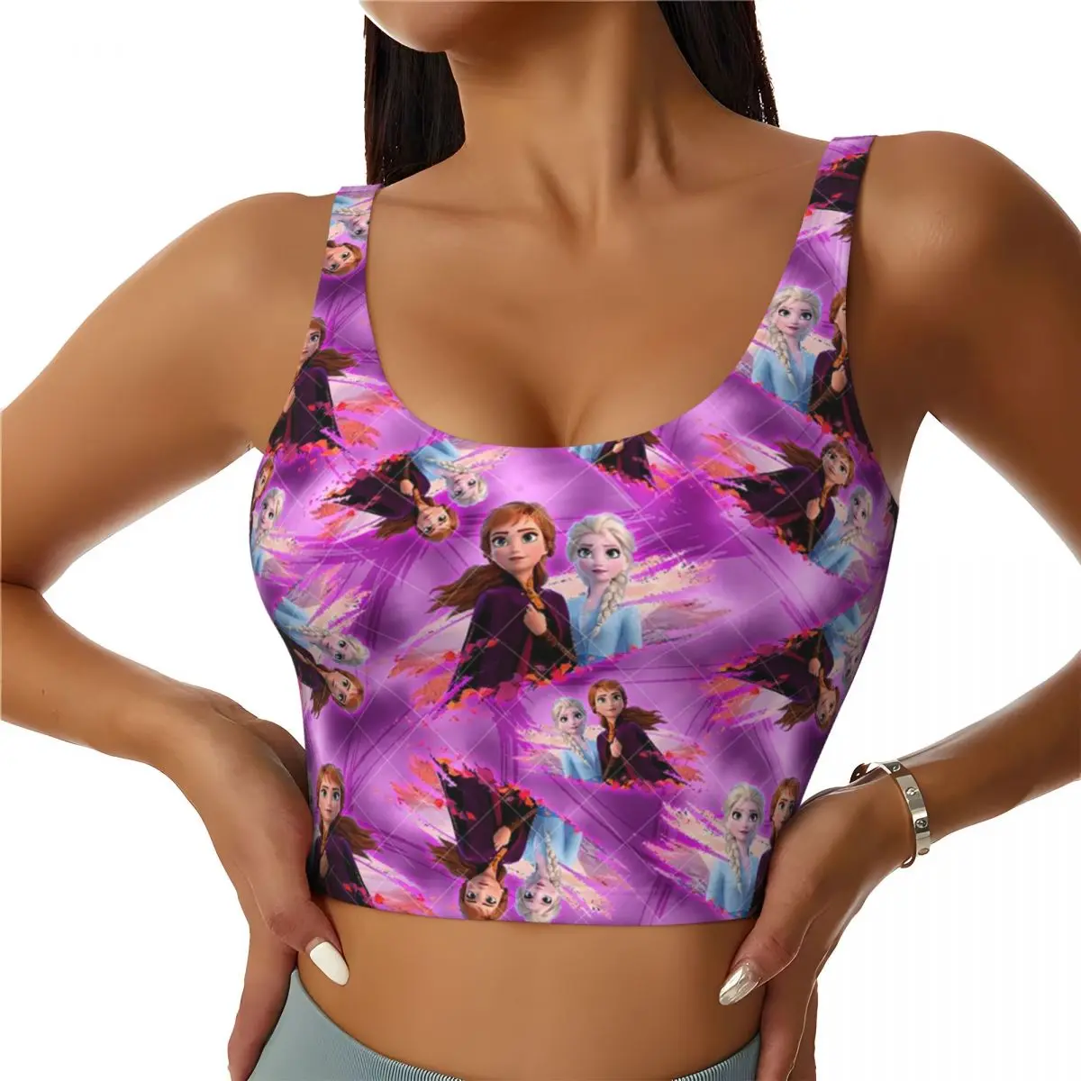 Custom Elsa Cartoon Anime Frozen Princess Cute High Impact Sports Bras Women's Seamless Workout Yoga Crop Tank Tops