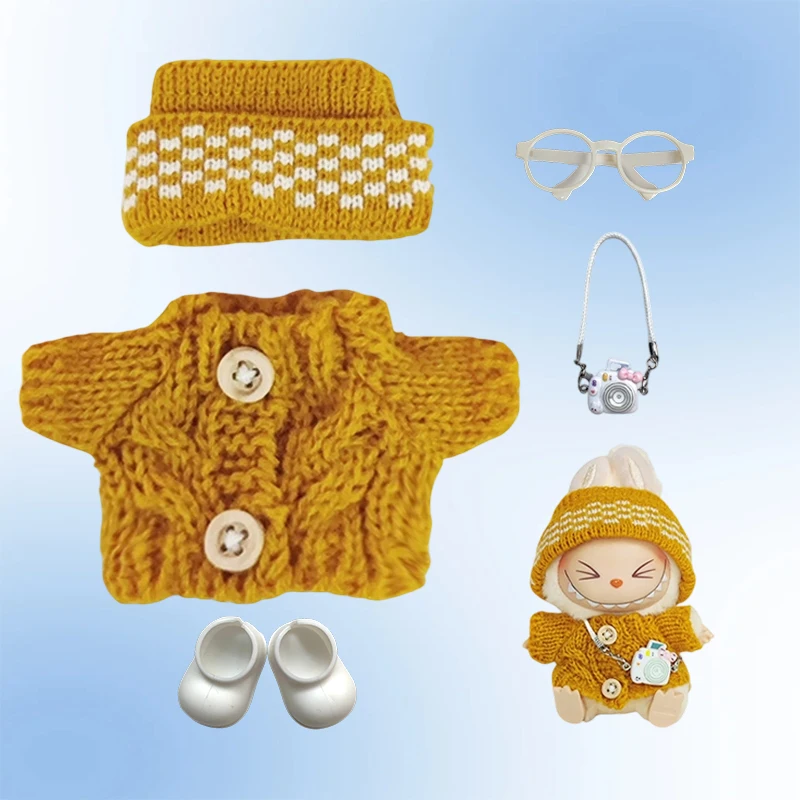 17 cm Kleidung für Labubu I II Puppen, süße Kleidung, 5 Farben, Netzpullover und Mütze, Set, Zubehör, Kleidung, Plüschpuppenkleidung