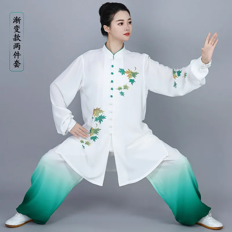 Custom Women's Mid-Long Maple Leaf Print Silk Hemp Tai Chi Suit - Team Martial Arts Competition Performance Uniform Set