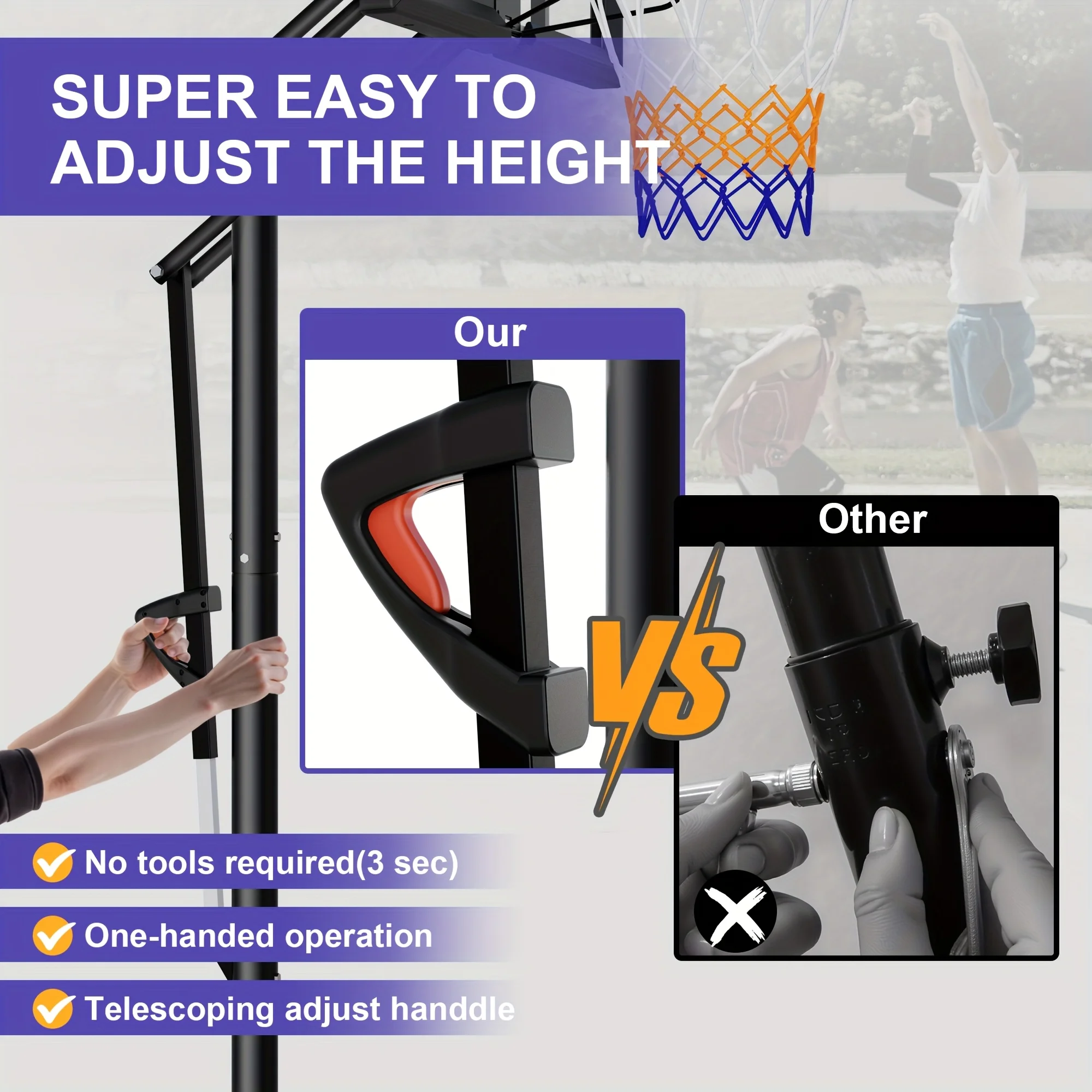 44 นิ้ว. ห่วงบาสเก็ตบอลแบบพกพาแบบยืดได้และเป้าหมายปรับความสูงได้อย่างรวดเร็ว 7.6 - 10 ฟุต สําหรับสนามกลางแจ้งในร่ม