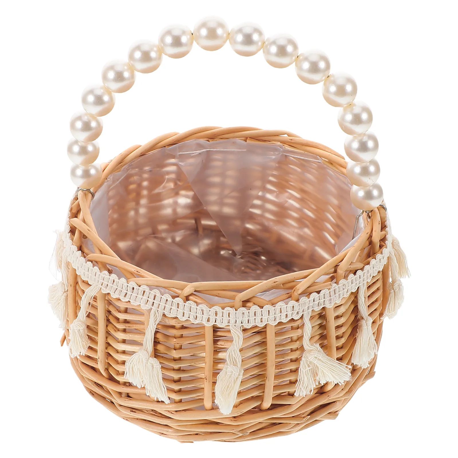 

1pcs Handwoven Wicker Basket with Pearl Handle for Wedding Picnic Flower Storage Baskets Small Baskets with Handles Lightweight