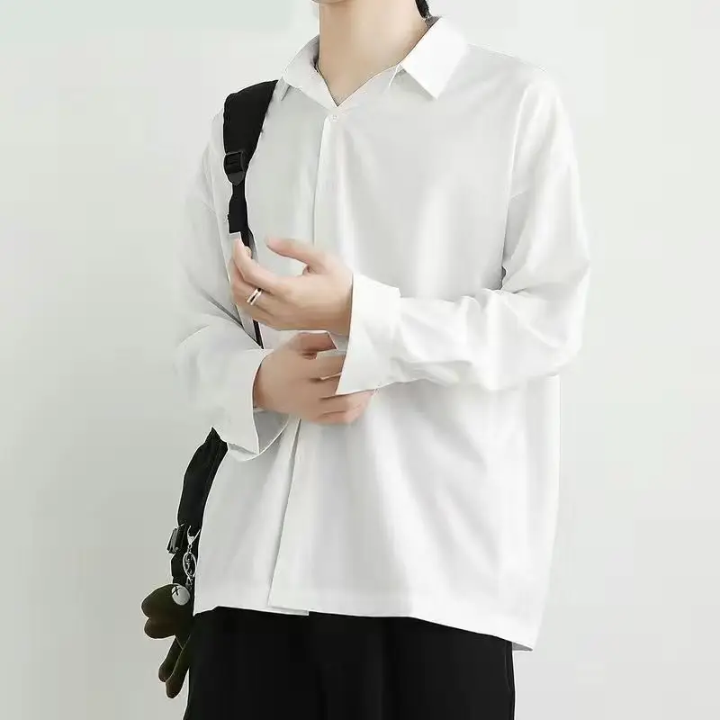 GELITAYIN Men's Long Sleeve Shirts Easy-care Ultra-thin Casual Design Lapel Cardigan Drape Loose High-end Button Up Streetwear S