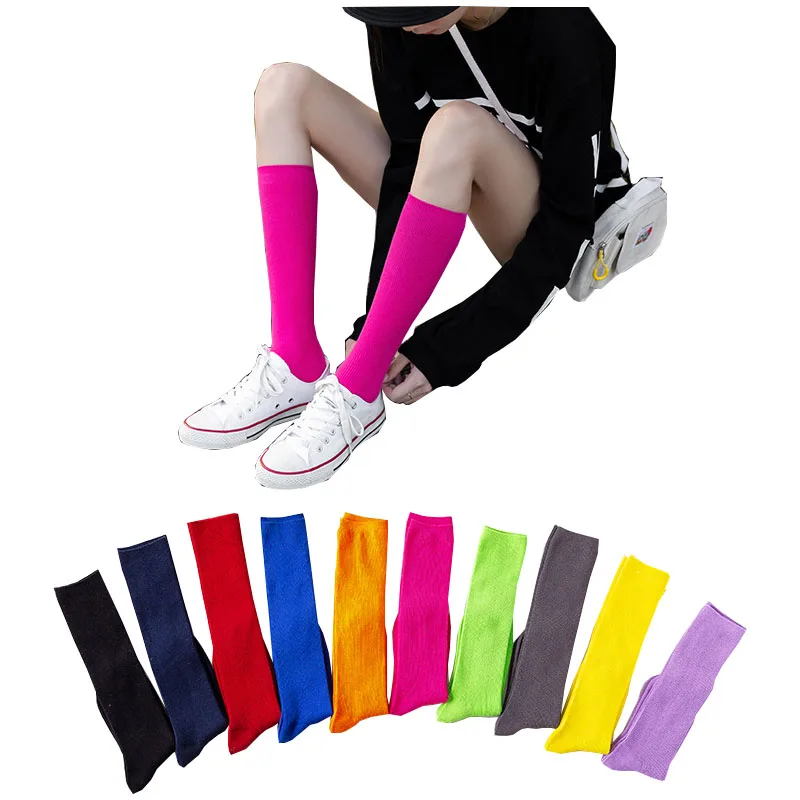 Harajuku-calcetines largos de algodón para mujer, medias hasta la rodilla, colores neón, colores sólidos, Azul, Blanco, Negro, amarillo, gris, rojo, fluorescente