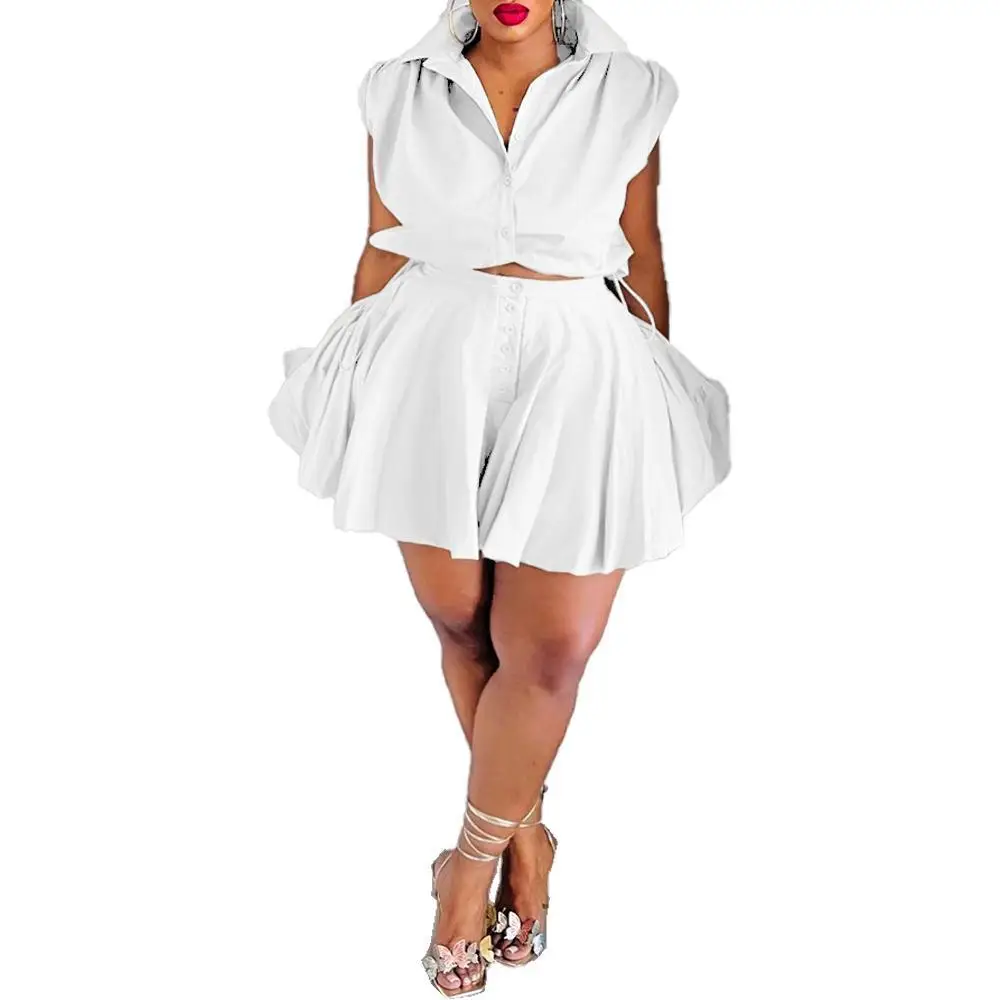 Faionable Casual Pleated Skirt Pants Women's Two-Piece Set Low Waist European Sle Pure Color Leisure Trousers for Ladies