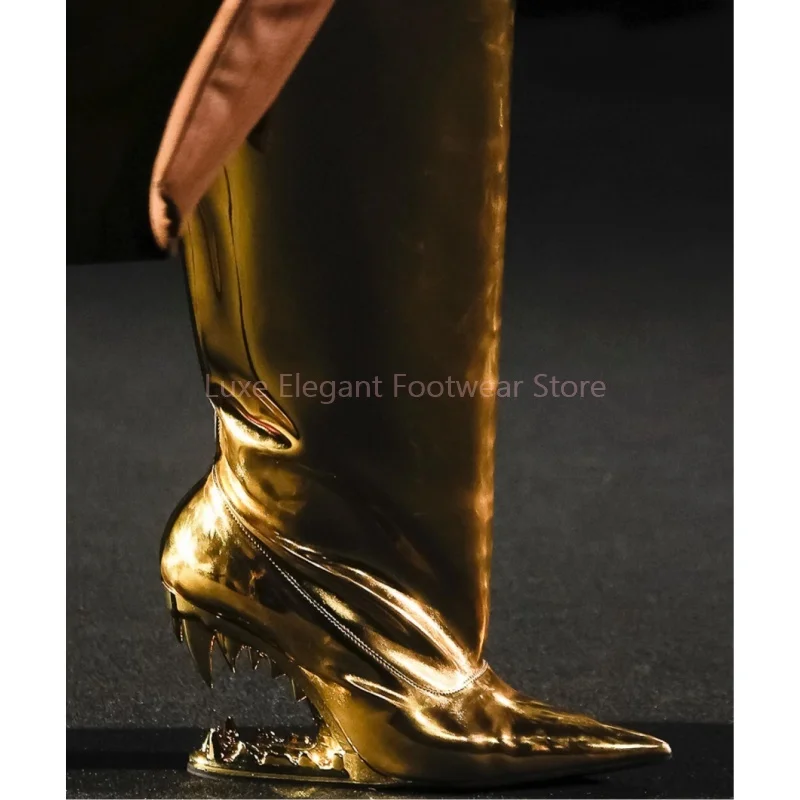 

Sliver Patent Leather Tiger Teeth Knee High Boots Women Knitted Pointed Slip On Heel Ankle Boots Fashion Trendy Party Lady Shoes
