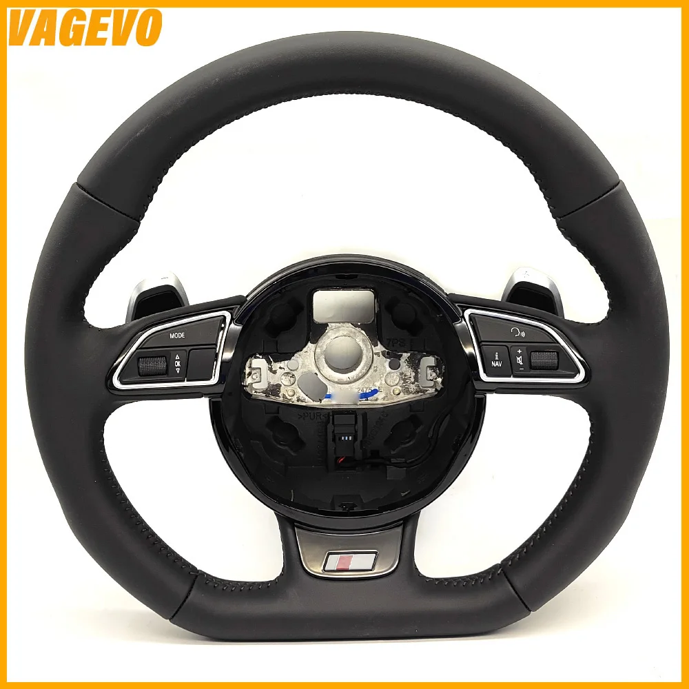 

For Audi A4 B8 all leather brown stitching multifunctional flat bottomed sports steering wheel with paddle shifters