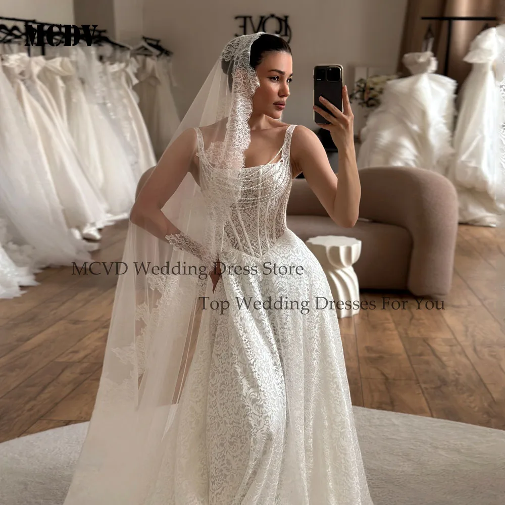 MCDV الدانتيل زين ألف خط فساتين الزفاف السباغيتي حزام فستان زفاف ساحة طوق بوهو اللؤلؤ فستان الزفاف مخصص 2026