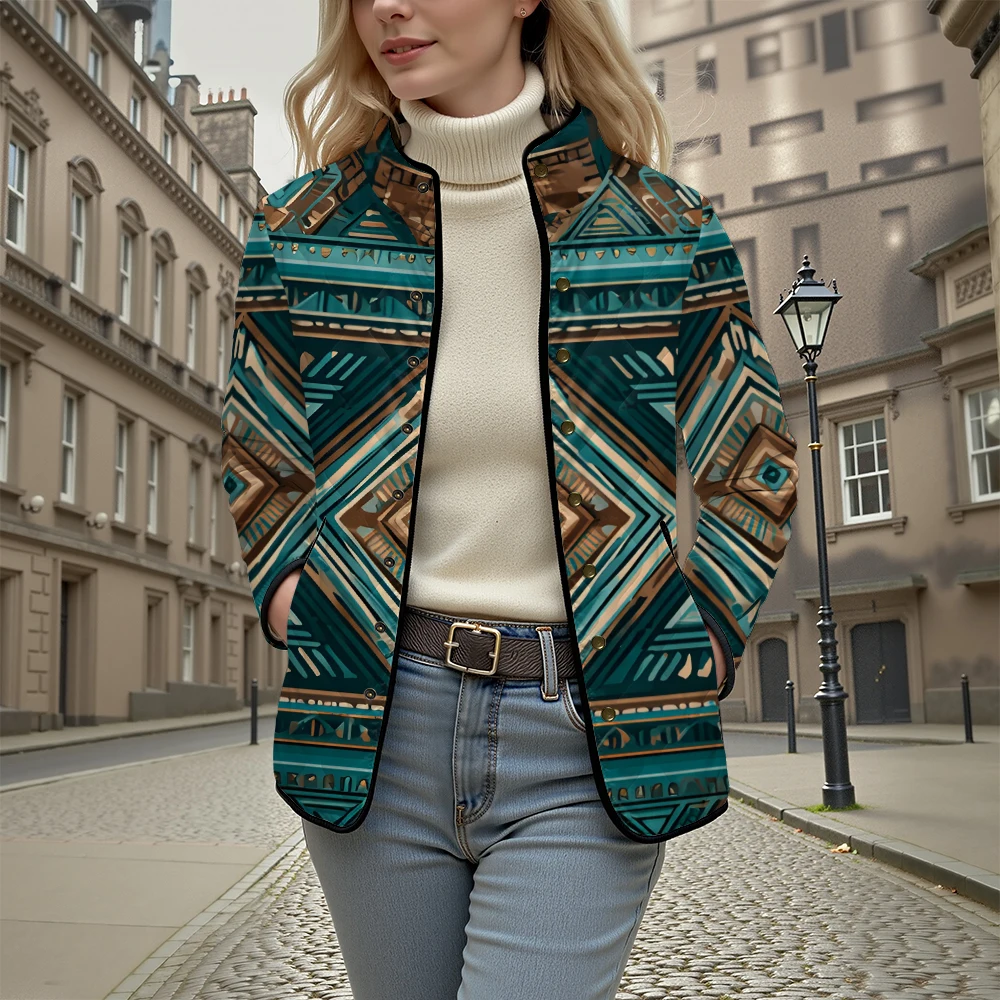 

Women's Tribal Ethnic Geometric Print Quilted Jacket Colors Stand Collar Coat with Pockets Button Front Long Sleeve Outerwear
