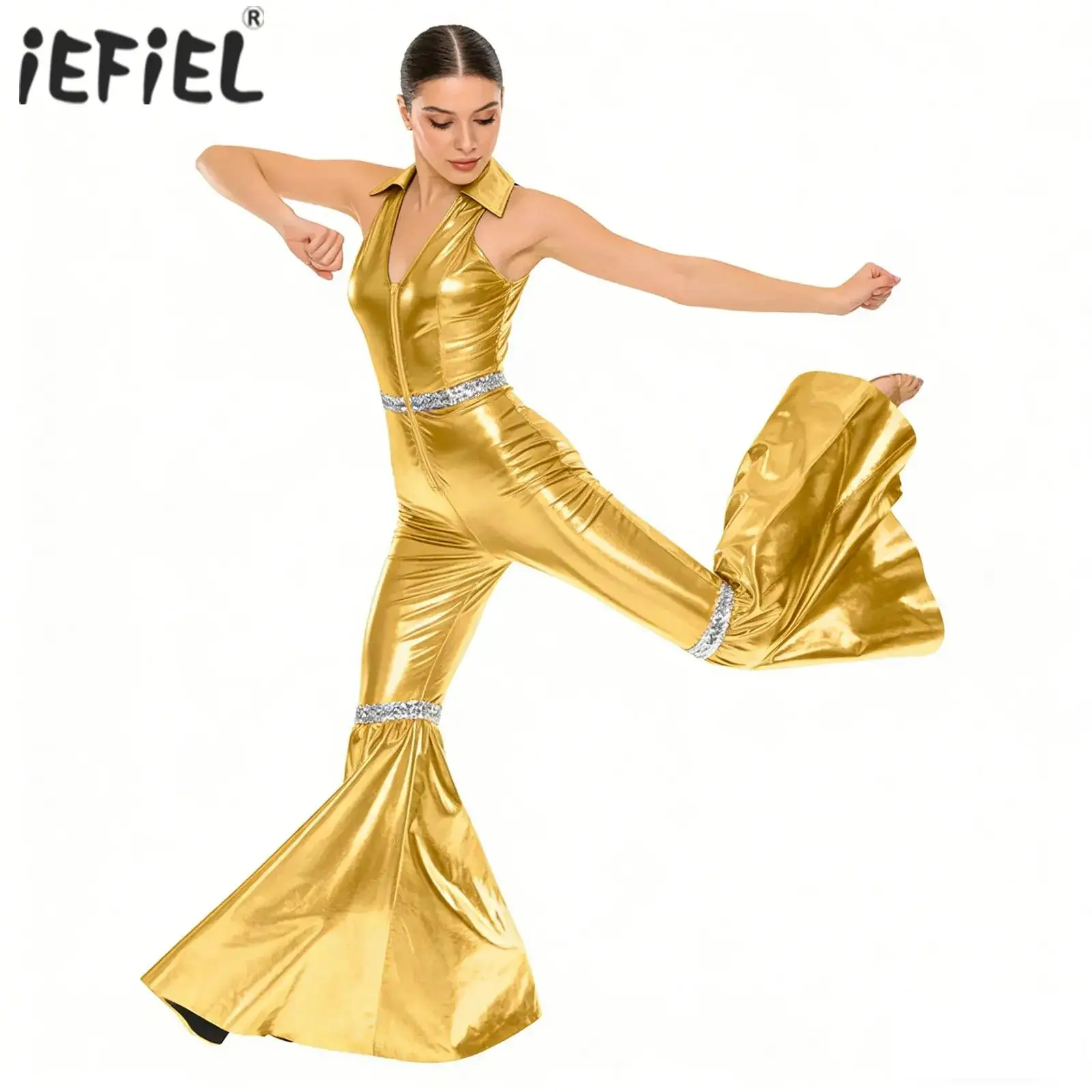 

Womens Shiny Metallic 70s Disco Hippie Costume Vintage Rompers Jazz Ballroom Dancewear Front Zipper Sequins Bell Bottom Jumpsuit